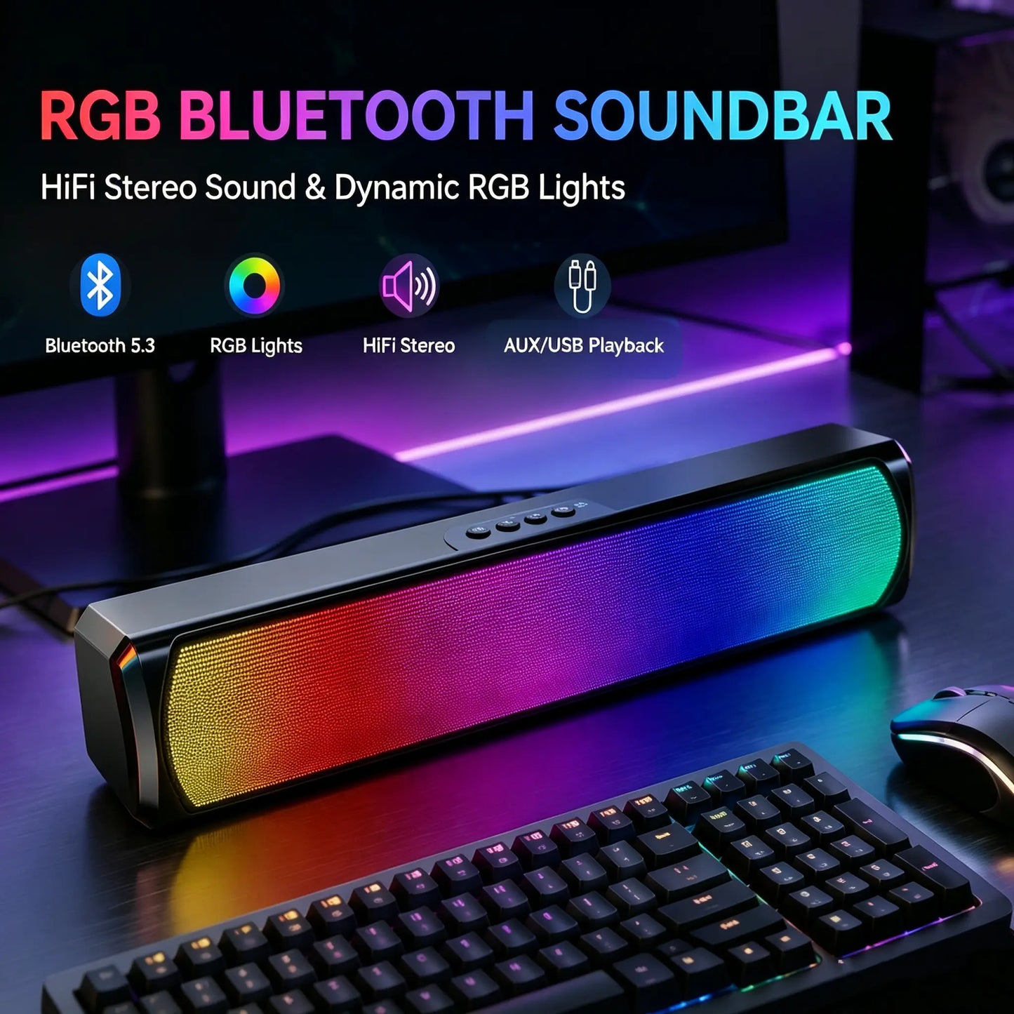 RGB Pro Desktop Soundbar, Computer Speaker with Dynamic Lighting, Audio-Light Sync, USB Powered, BT and Aux 3.5 Jack Connection