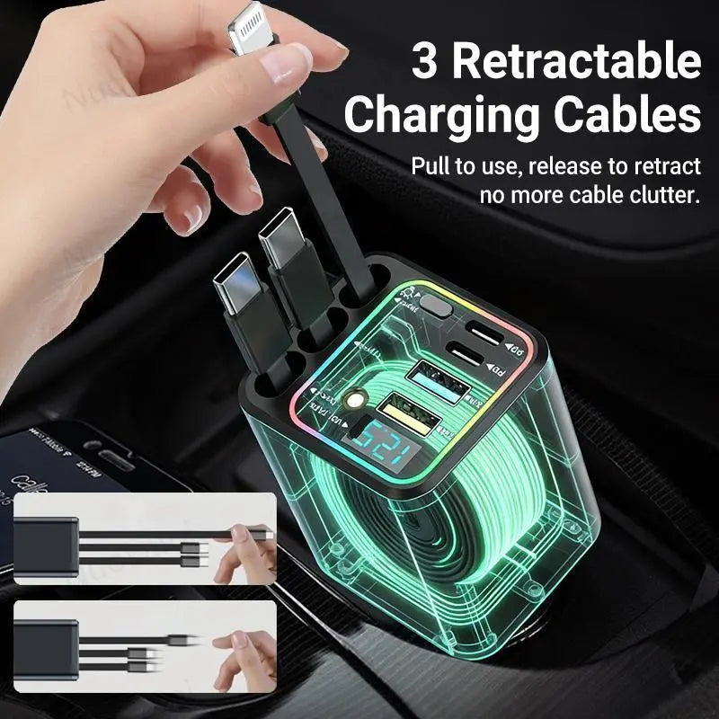 120W Max Multi-Port Charging Power Hub - High Speed Fast Charger, Vehicle/Auto Accessories, PD20W USB-A 65W, Tangle-Free Retractable Cables, Starry LED 1-Click Galaxy Projector for Phone Pad Laptop Car, High Speed Charger, Vehicle Accessories
