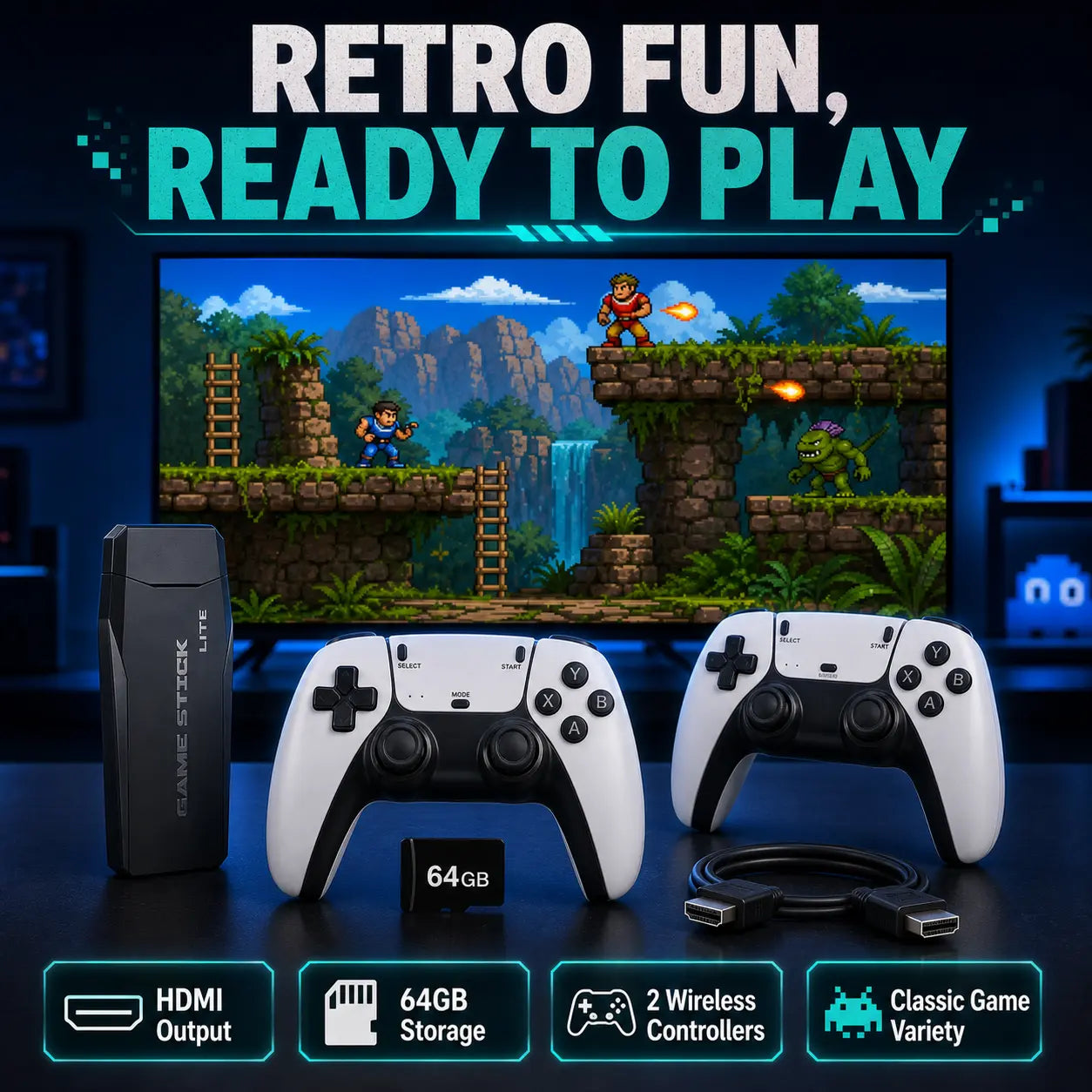 M8 Retro Game Stick, HD Retro Gaming Console with 2 Wireless Controllers, HDMI Output, 64GB Built-In Games Storage, Video Game Machine, Hdmi Cable