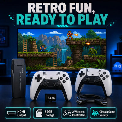 M8 Retro Game Stick, HD Retro Gaming Console with 2 Wireless Controllers, HDMI Output, 64GB Built-In Games Storage, Video Game Machine, Hdmi Cable