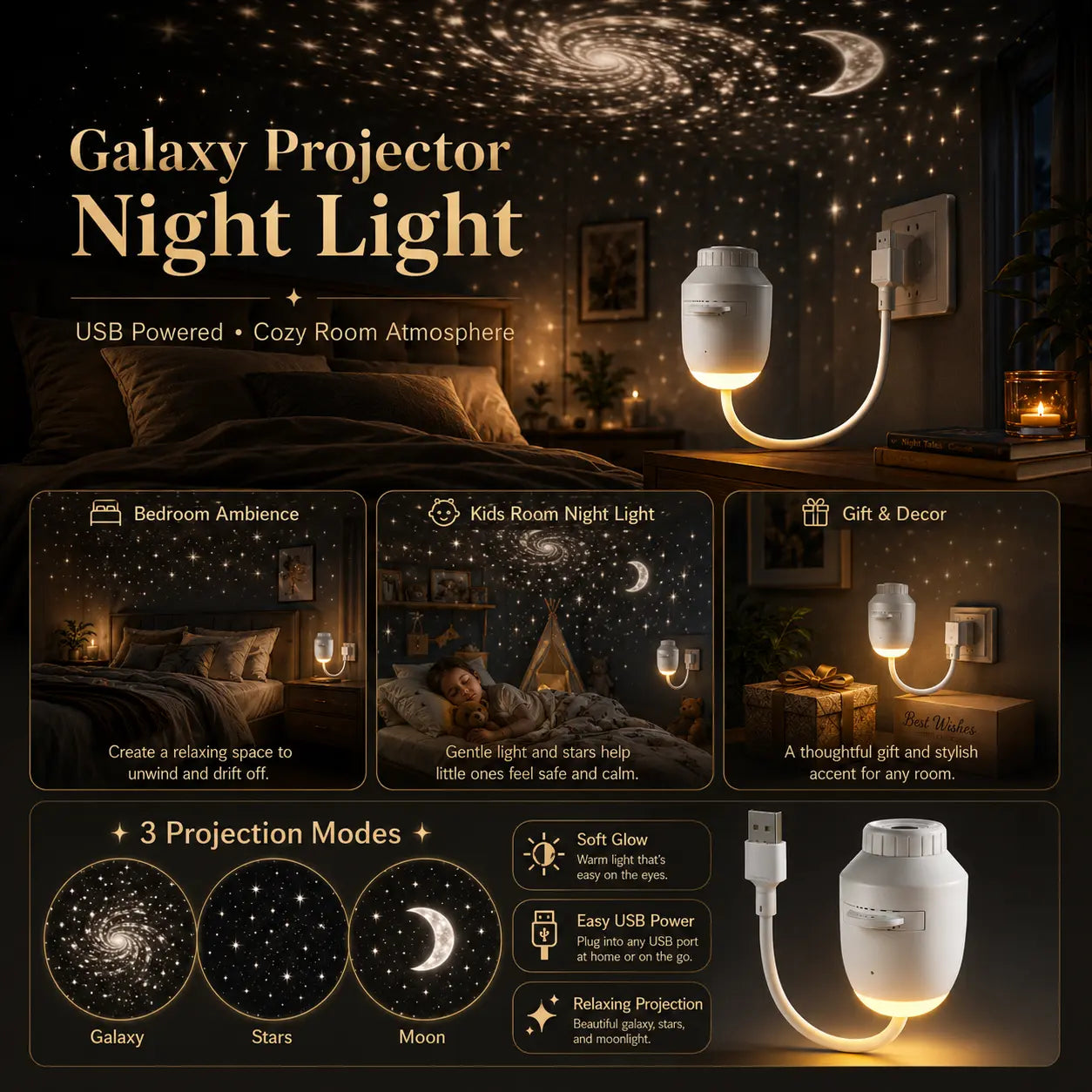 Starry Sky Projector Night Light – Galaxy & Moon LED Star Projector for Bedroom, Touch Control, USB Powered Ambient Lamp, 3 Projection Modes,Back to School,Back to School Haul