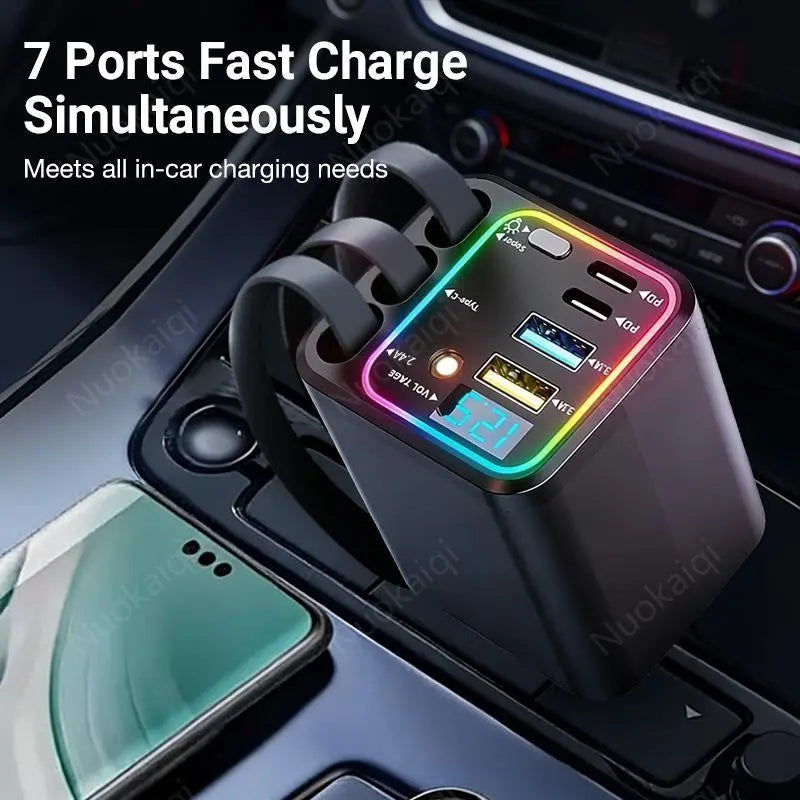 120W Max Multi-Port Charging Power Hub - High Speed Fast Charger, Vehicle/Auto Accessories, PD20W USB-A 65W, Tangle-Free Retractable Cables, Starry LED 1-Click Galaxy Projector for Phone Pad Laptop Car, High Speed Charger, Vehicle Accessories
