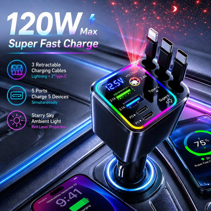 120W Max Multi-Port Charging Power Hub - High Speed Fast Charger, Vehicle/Auto Accessories, PD20W USB-A 65W, Tangle-Free Retractable Cables, Starry LED 1-Click Galaxy Projector for Phone Pad Laptop Car, High Speed Charger, Vehicle Accessories