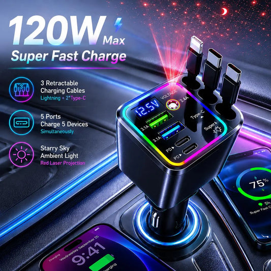 120W Max Multi-Port Charging Power Hub - High Speed Fast Charger, Vehicle/Auto Accessories, PD20W USB-A 65W, Tangle-Free Retractable Cables, Starry LED 1-Click Galaxy Projector for Phone Pad Laptop Car, High Speed Charger, Vehicle Accessories