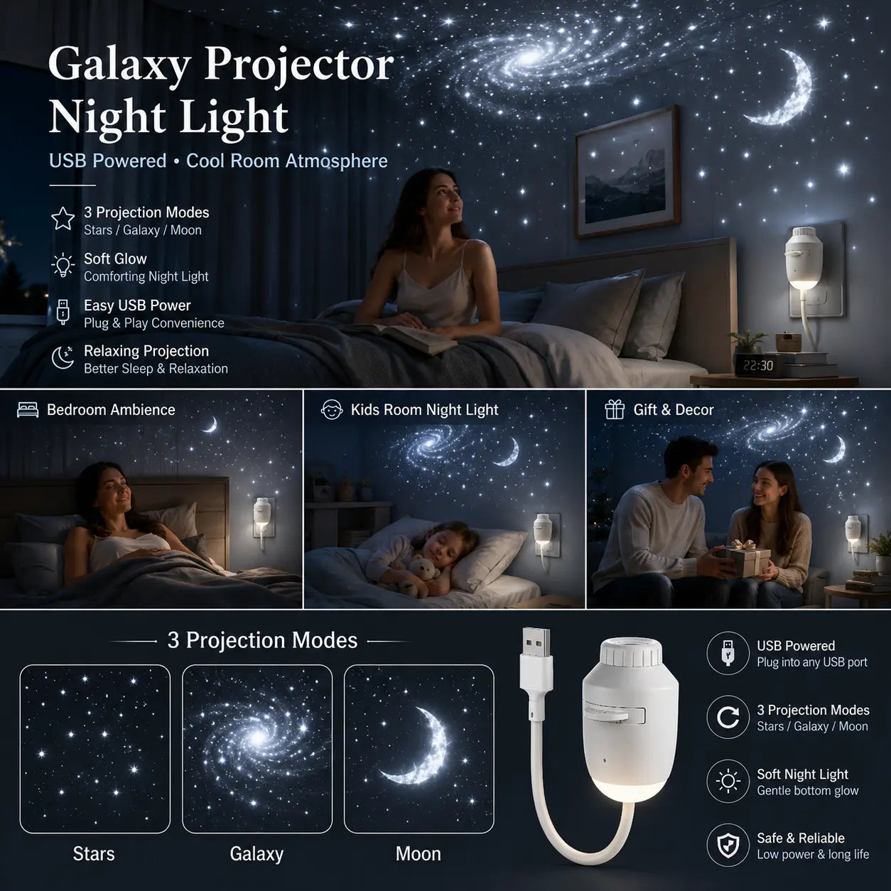 Starry Sky Projector Night Light – Galaxy & Moon LED Star Projector for Bedroom, Touch Control, USB Powered Ambient Lamp, 3 Projection Modes,Back to School,Back to School Haul