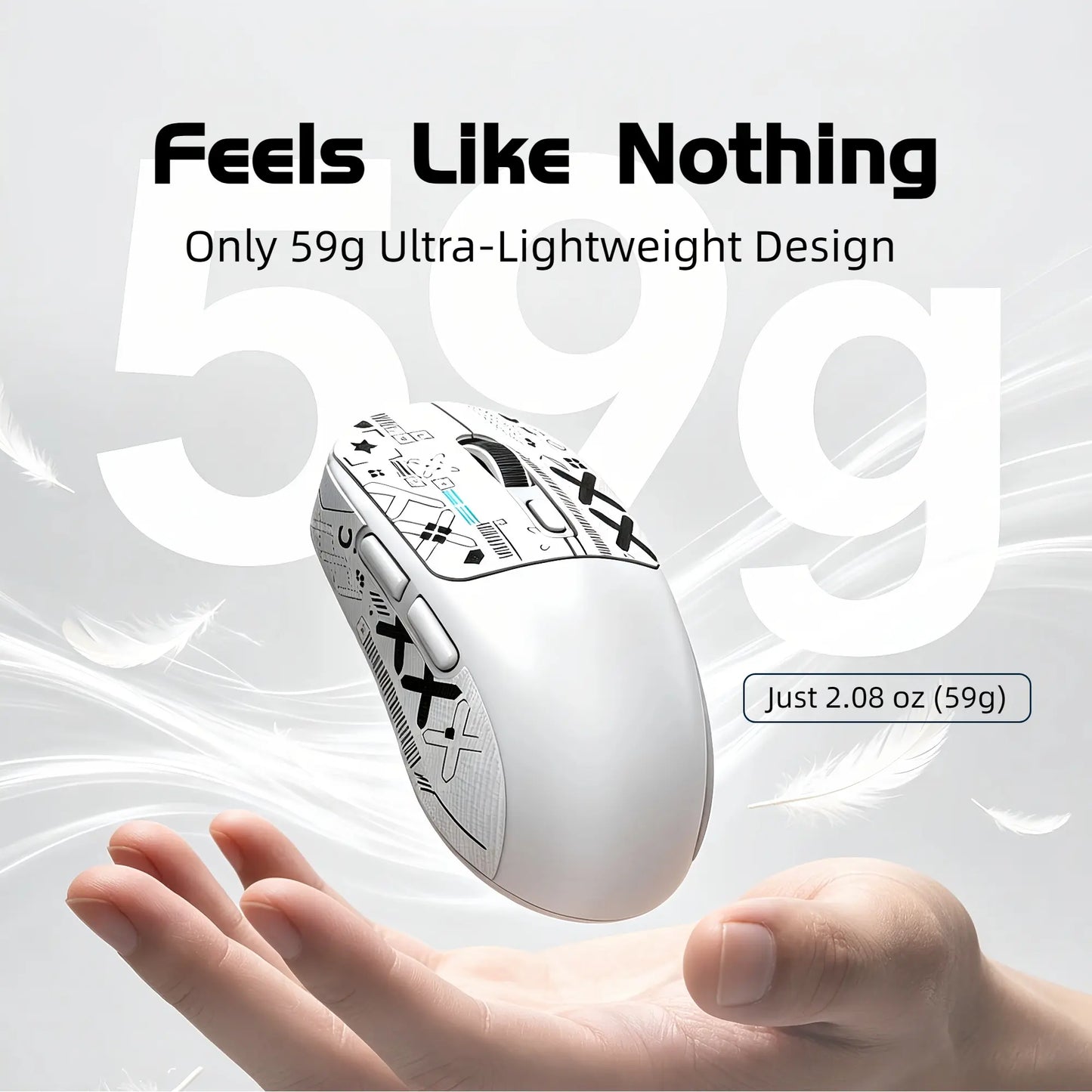 X4 59G Ultra Lightweight Wireless Mouse, White Tri-Mode Rechargeable Mouse with Decorative Stickers, Fast Response Gaming Mouse for Desk Setup, PC, Laptop, Work & Study - T-WOLF X4 White Mouse