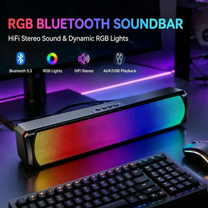RGB Pro Desktop Soundbar, Computer Speaker with Dynamic Lighting, Audio-Light Sync, USB Powered, BT and Aux 3.5 Jack Connection