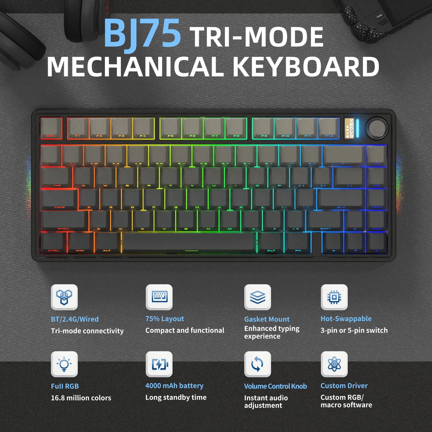 7KEYS BJ75 Wireless Mechanical Keyboard, 75% Gasket-Mount Gaming Keyboard with Volume Knob, Tri-Mode Connection (Bluetooth 5.0 / 2.4G / USB-C), Hot-Swappable Switches, RGB Backlight & Side Lighting, for Pc/Mac/Linux Tiktokshopbacktoschool