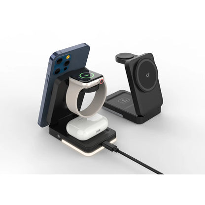LISM 4-In-1 Travel Magnetic Charging Station for Iphone 17/17 Pro/17 Pro Max/Air/16 15 14 13 12 Pro Max plus Mini/Apple Watch/Airpods, Foldable Portable Wireless Charger Stand with Night Light-White