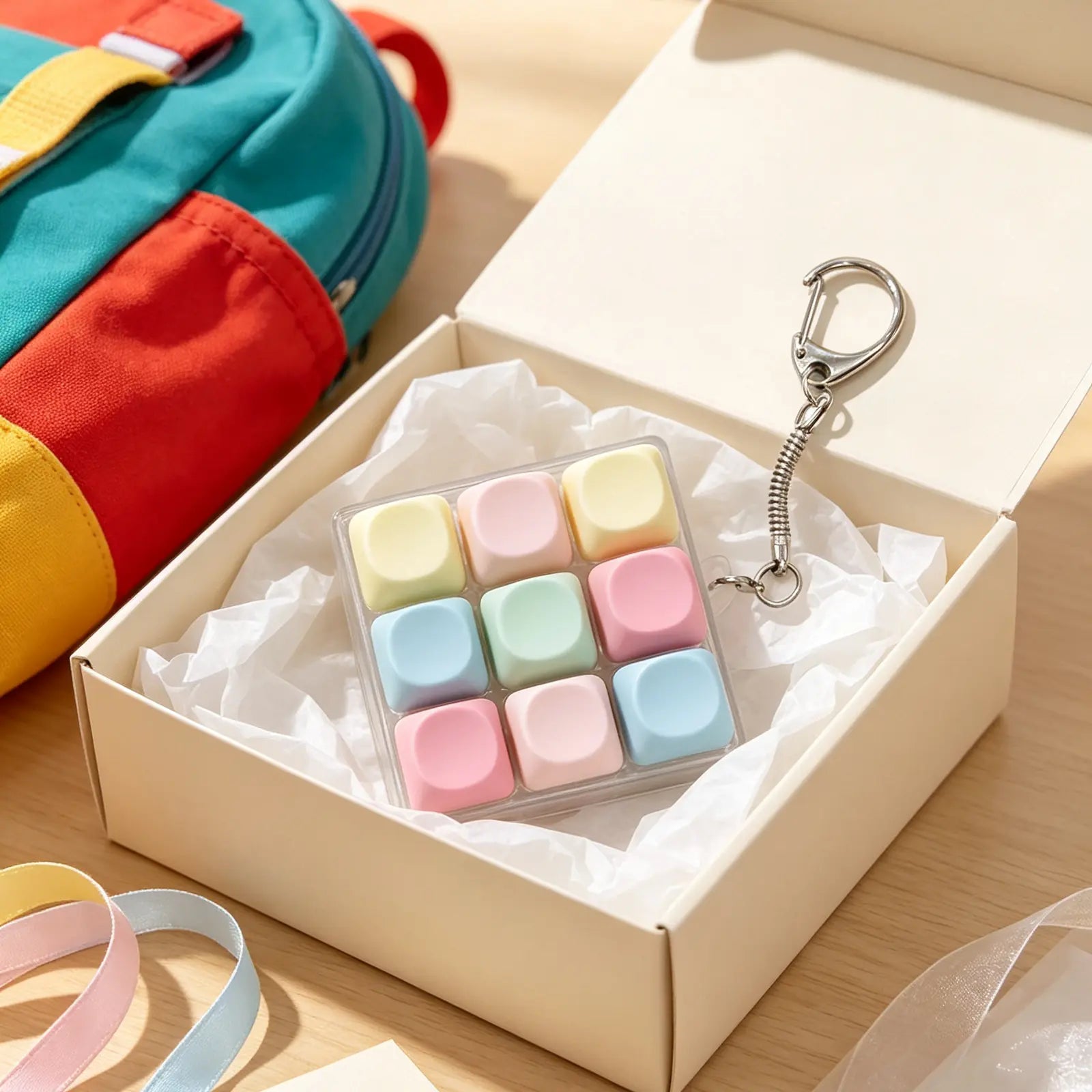 Pastel Macaron 9 Keys Fidget Keyboard Keychain, Portable Finger Press Button Clicker, Mini Stress Relief Sensory Toy Key Ring, Kawaii Desk Fidget Gift
