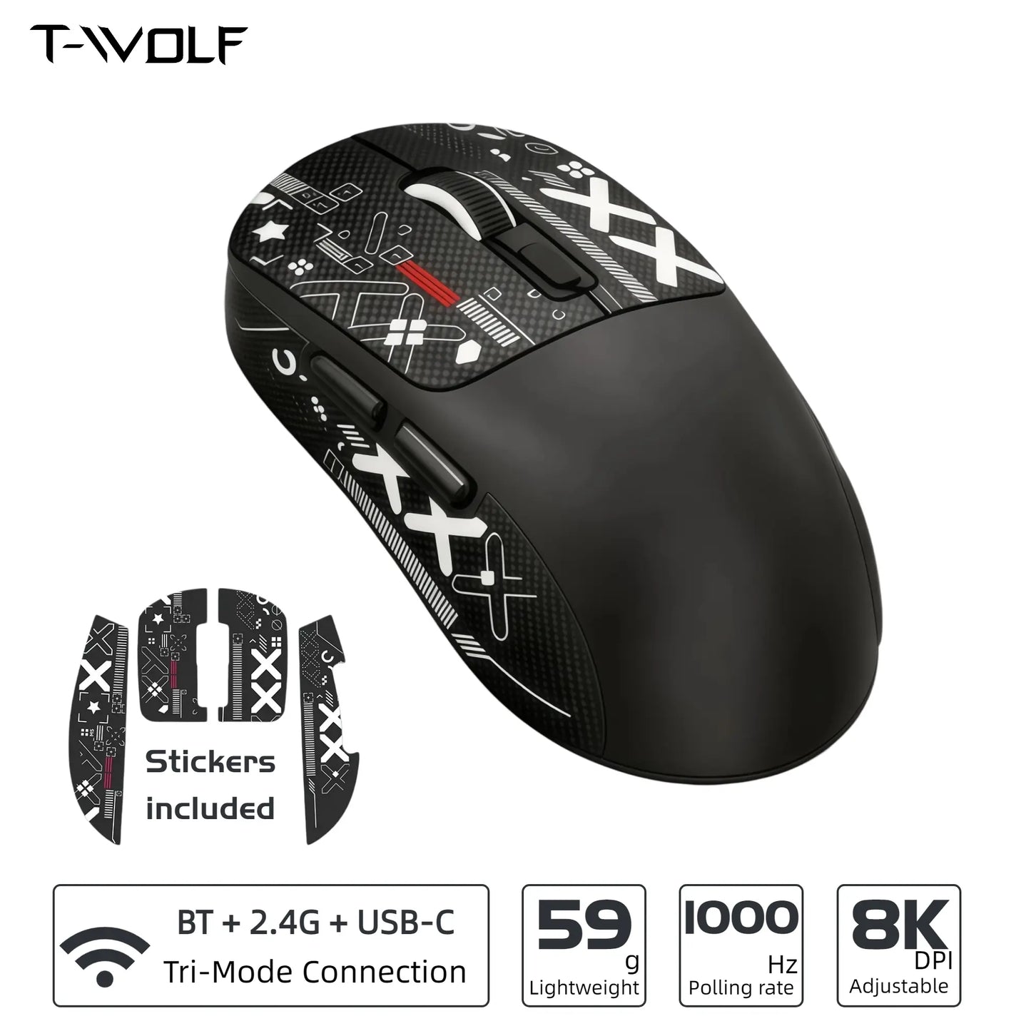 X4 59G Ultra Lightweight Wireless Mouse, White Tri-Mode Rechargeable Mouse with Decorative Stickers, Fast Response Gaming Mouse for Desk Setup, PC, Laptop, Work & Study - T-WOLF X4 White Mouse