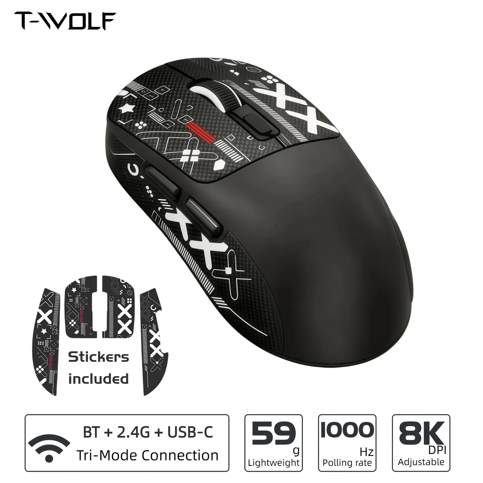 X4 59G Ultra Lightweight Wireless Mouse, White Tri-Mode Rechargeable Mouse with Decorative Stickers, Fast Response Gaming Mouse for Desk Setup, PC, Laptop, Work & Study - T-WOLF X4 White Mouse