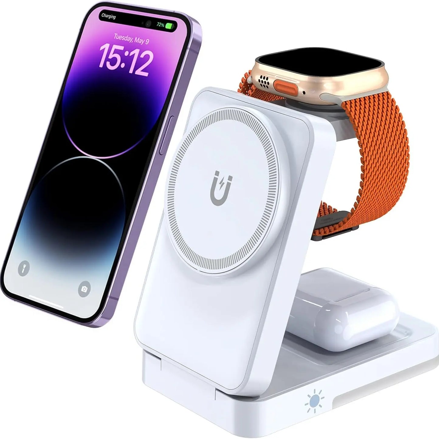LISM 4-In-1 Travel Magnetic Charging Station for Iphone 17/17 Pro/17 Pro Max/Air/16 15 14 13 12 Pro Max plus Mini/Apple Watch/Airpods, Foldable Portable Wireless Charger Stand with Night Light-White
