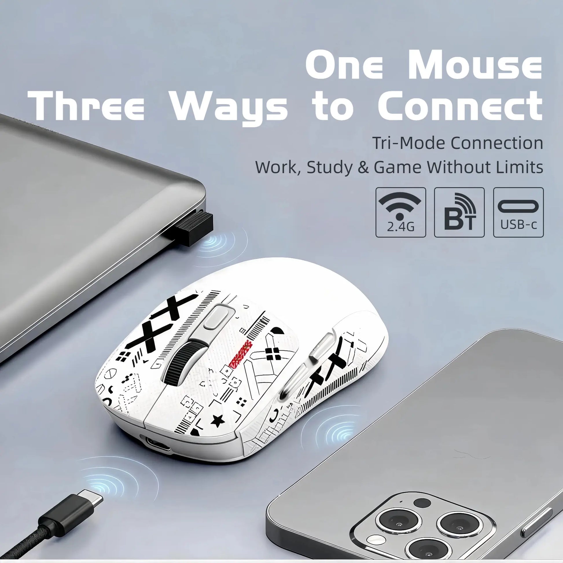 X4 59G Ultra Lightweight Wireless Mouse, White Tri-Mode Rechargeable Mouse with Decorative Stickers, Fast Response Gaming Mouse for Desk Setup, PC, Laptop, Work & Study - T-WOLF X4 White Mouse