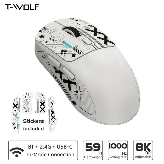 X4 59G Ultra Lightweight Wireless Mouse, White Tri-Mode Rechargeable Mouse with Decorative Stickers, Fast Response Gaming Mouse for Desk Setup, PC, Laptop, Work & Study - T-WOLF X4 White Mouse