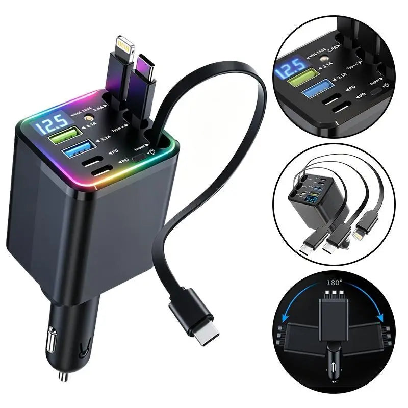 120W Max Multi-Port Charging Power Hub - High Speed Fast Charger, Vehicle/Auto Accessories, PD20W USB-A 65W, Tangle-Free Retractable Cables, Starry LED 1-Click Galaxy Projector for Phone Pad Laptop Car, High Speed Charger, Vehicle Accessories