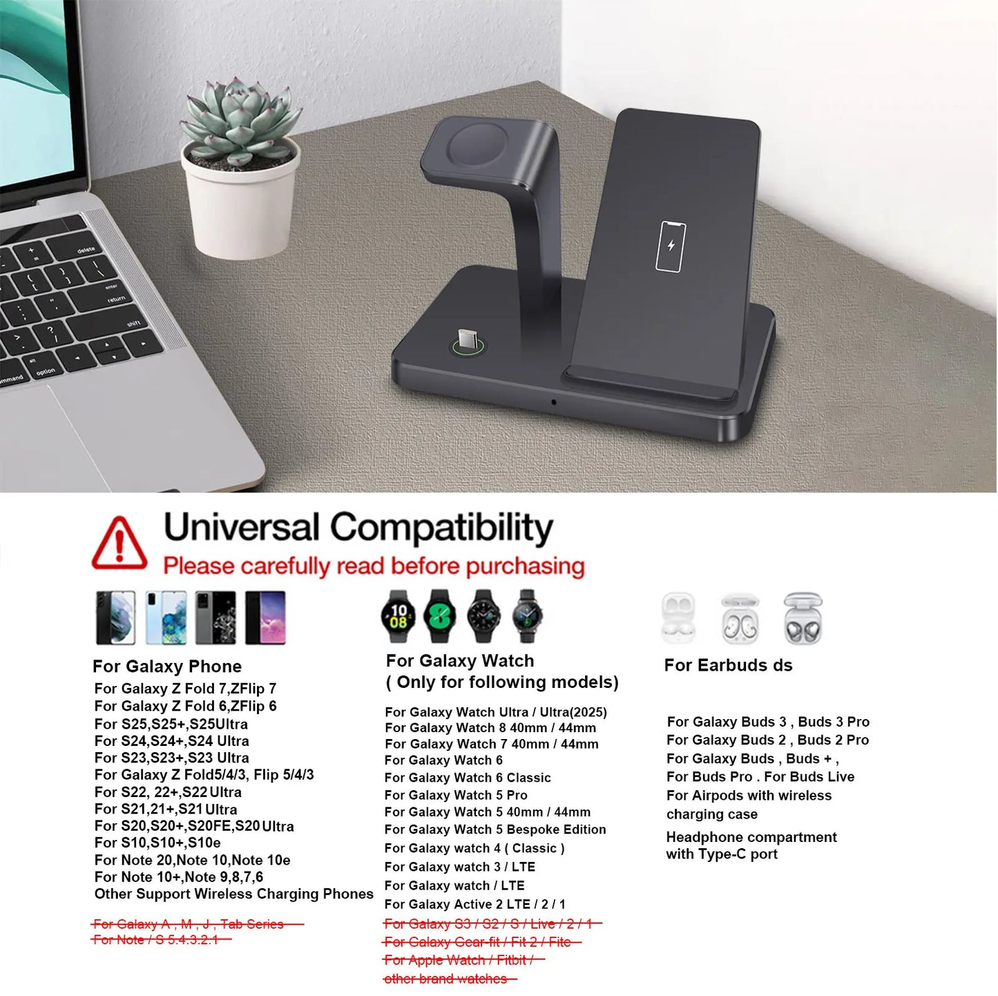 3 in 1 Wireless Charging Station, Fast Wireless Charger Stand for Samsung Galaxy Phones, Galaxy Watch, Galaxy Buds, Multi Device Charging Dock Station for Samsung Galaxy S26 S25 S24 S23 S22 S20