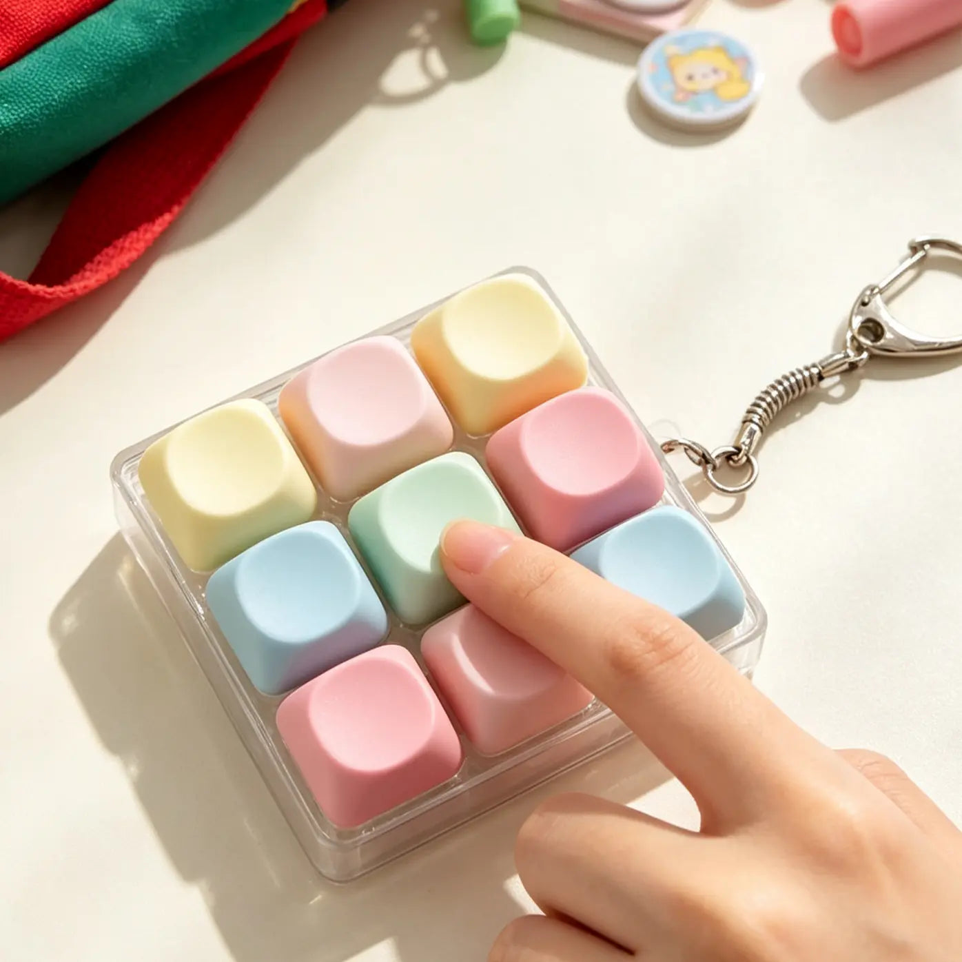 Pastel Macaron 9 Keys Fidget Keyboard Keychain, Portable Finger Press Button Clicker, Mini Stress Relief Sensory Toy Key Ring, Kawaii Desk Fidget Gift