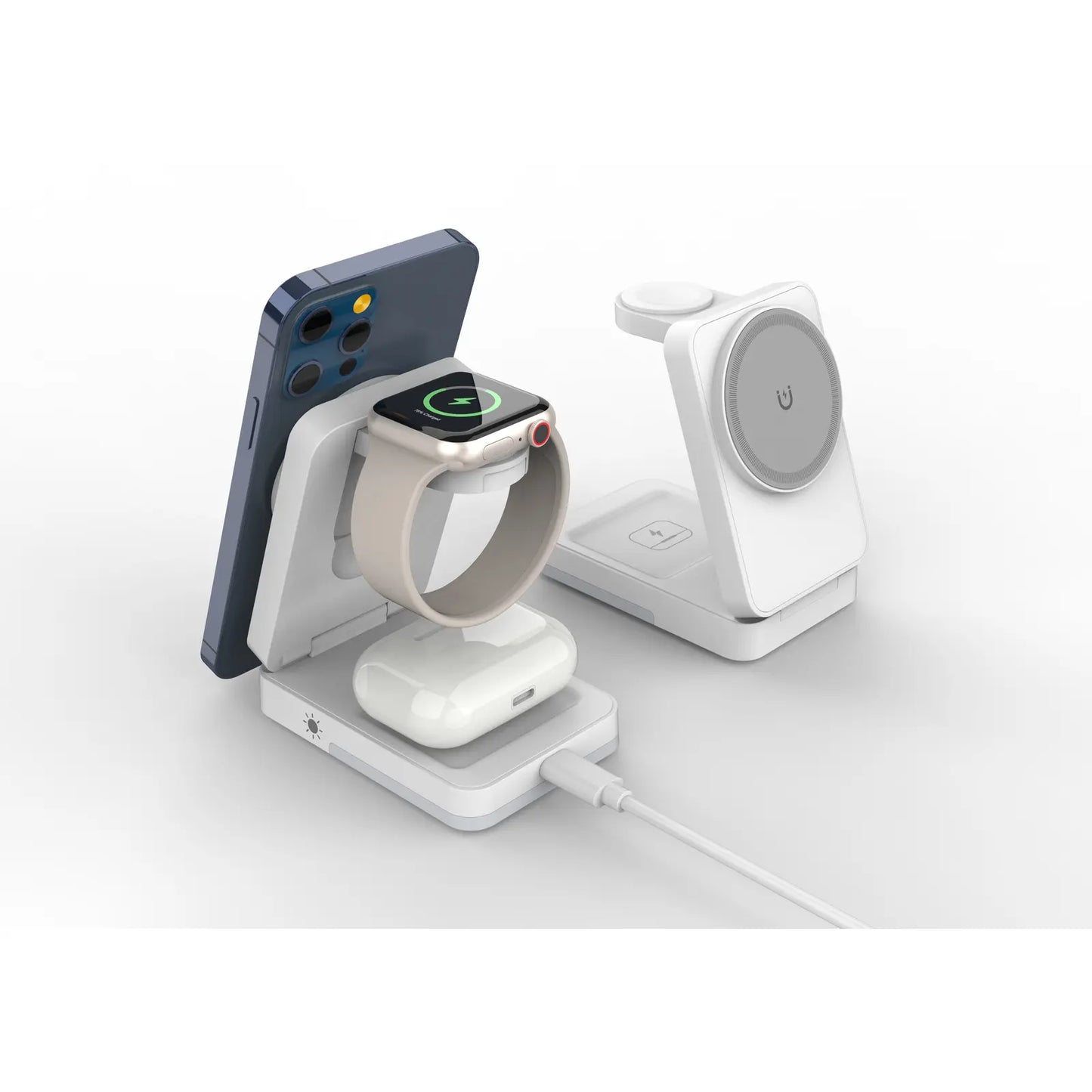 LISM 4-In-1 Travel Magnetic Charging Station for Iphone 17/17 Pro/17 Pro Max/Air/16 15 14 13 12 Pro Max plus Mini/Apple Watch/Airpods, Foldable Portable Wireless Charger Stand with Night Light-White