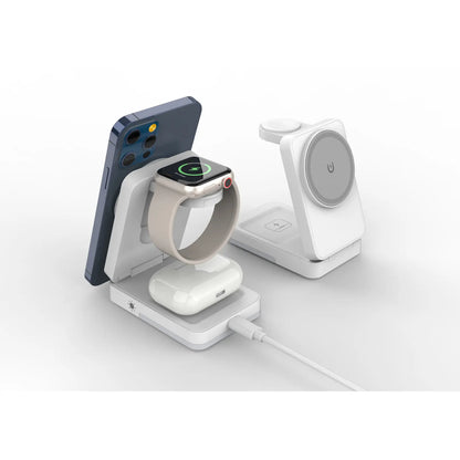 LISM 4-In-1 Travel Magnetic Charging Station for Iphone 17/17 Pro/17 Pro Max/Air/16 15 14 13 12 Pro Max plus Mini/Apple Watch/Airpods, Foldable Portable Wireless Charger Stand with Night Light-White