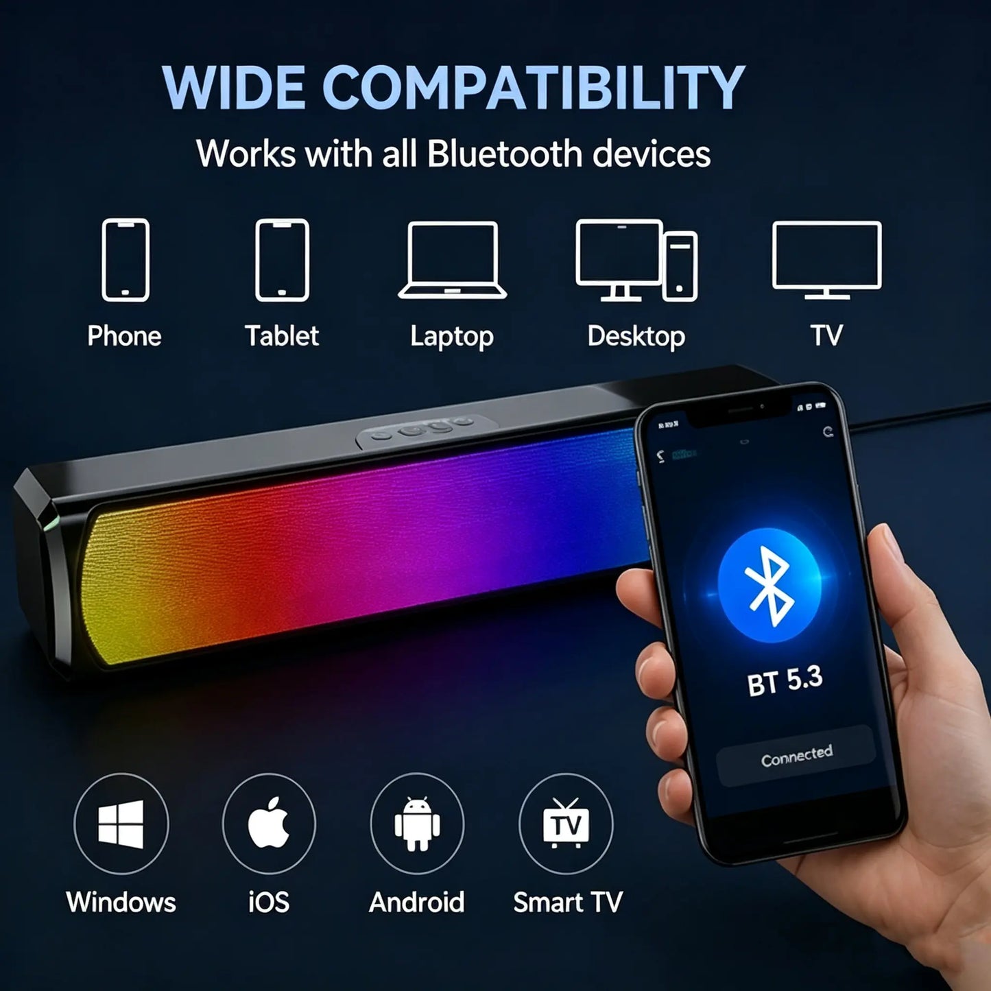 RGB Pro Desktop Soundbar, Computer Speaker with Dynamic Lighting, Audio-Light Sync, USB Powered, BT and Aux 3.5 Jack Connection