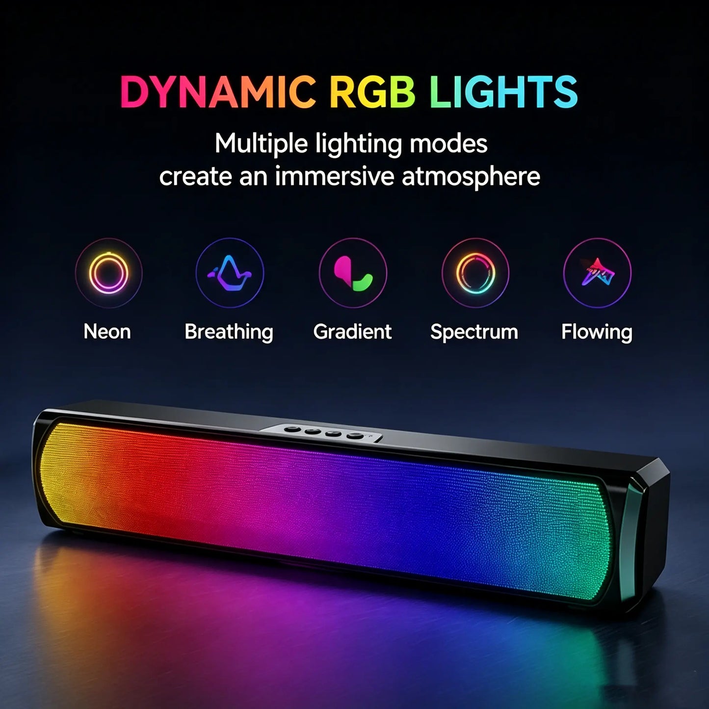 RGB Pro Desktop Soundbar, Computer Speaker with Dynamic Lighting, Audio-Light Sync, USB Powered, BT and Aux 3.5 Jack Connection