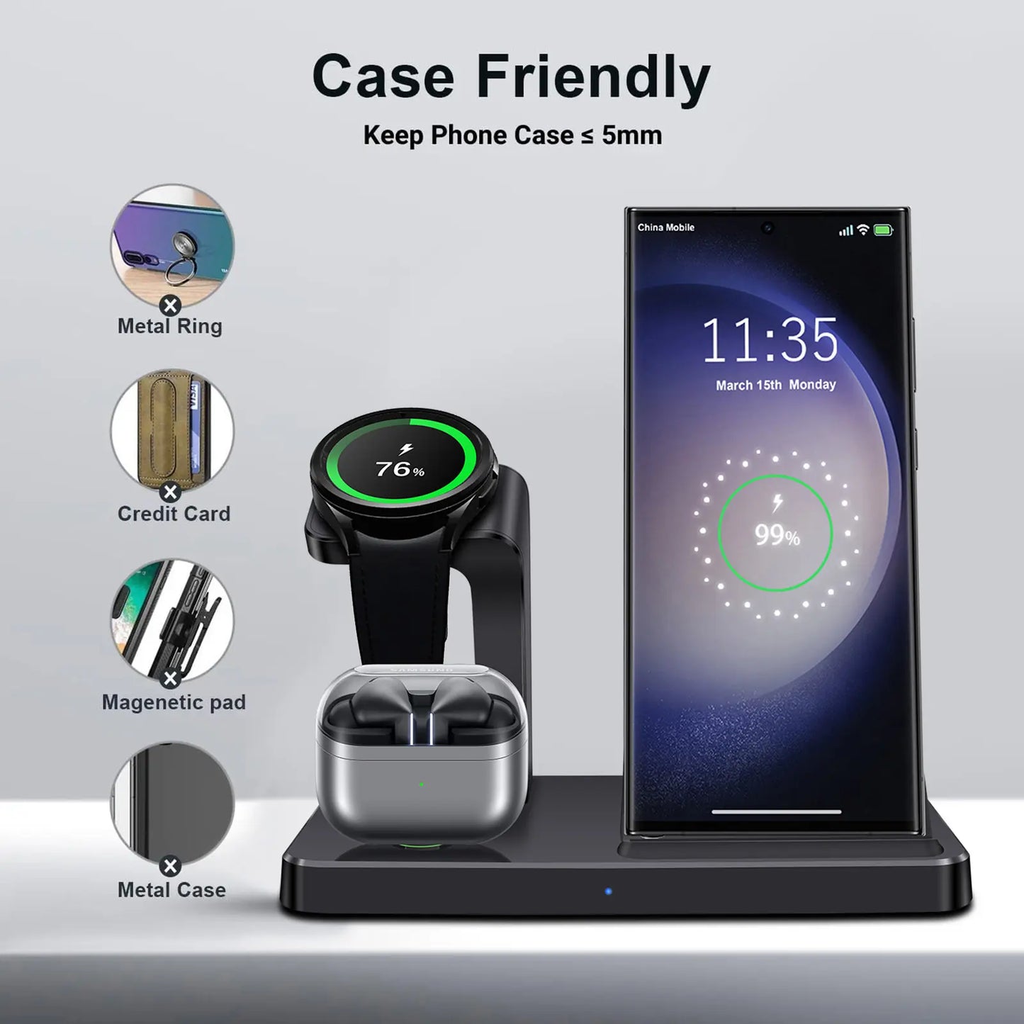 3 in 1 Wireless Charging Station, Fast Wireless Charger Stand for Samsung Galaxy Phones, Galaxy Watch, Galaxy Buds, Multi Device Charging Dock Station for Samsung Galaxy S26 S25 S24 S23 S22 S20