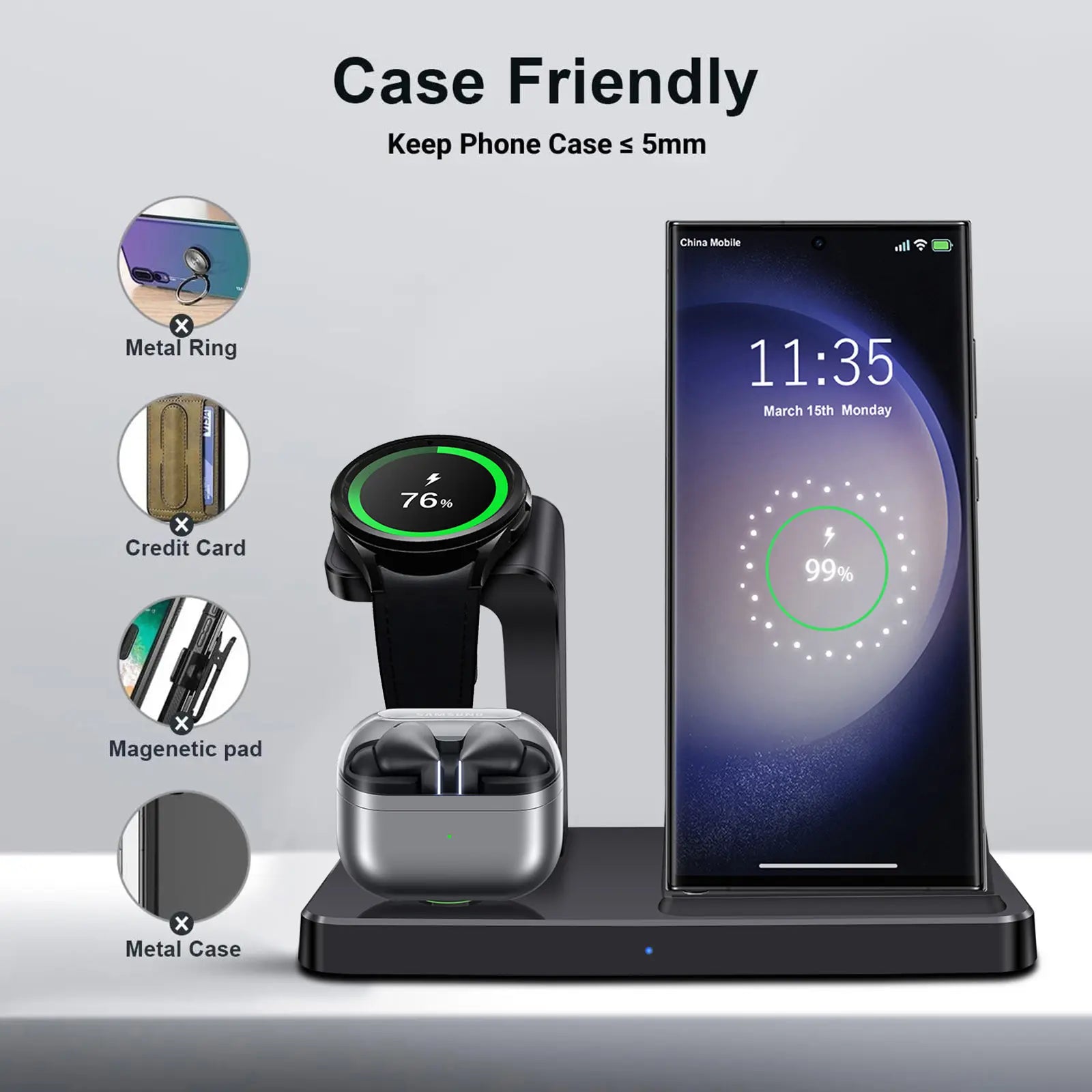3 in 1 Wireless Charging Station, Fast Wireless Charger Stand for Samsung Galaxy Phones, Galaxy Watch, Galaxy Buds, Multi Device Charging Dock Station for Samsung Galaxy S26 S25 S24 S23 S22 S20