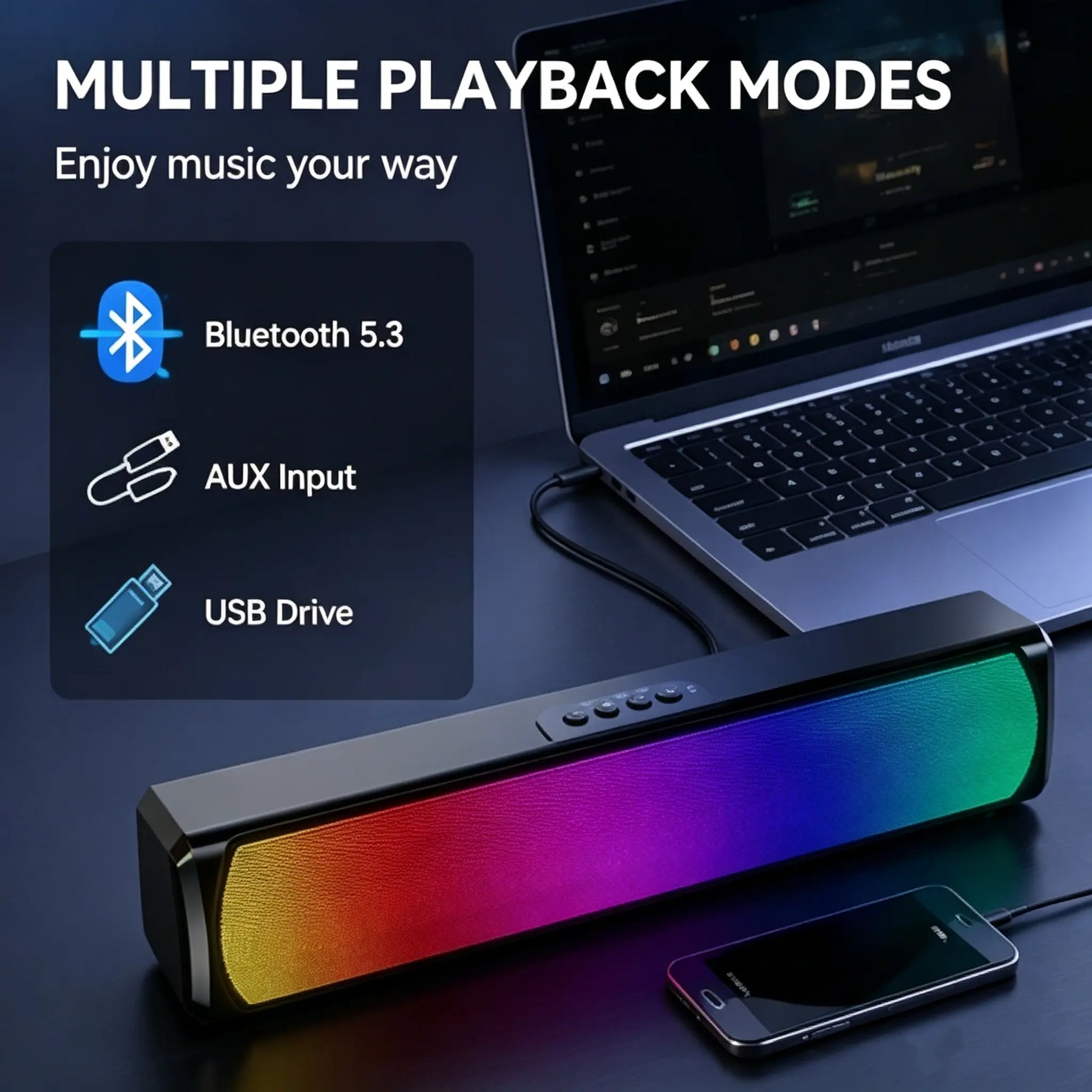 RGB Pro Desktop Soundbar, Computer Speaker with Dynamic Lighting, Audio-Light Sync, USB Powered, BT and Aux 3.5 Jack Connection