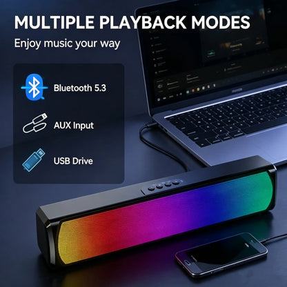 RGB Pro Desktop Soundbar, Computer Speaker with Dynamic Lighting, Audio-Light Sync, USB Powered, BT and Aux 3.5 Jack Connection