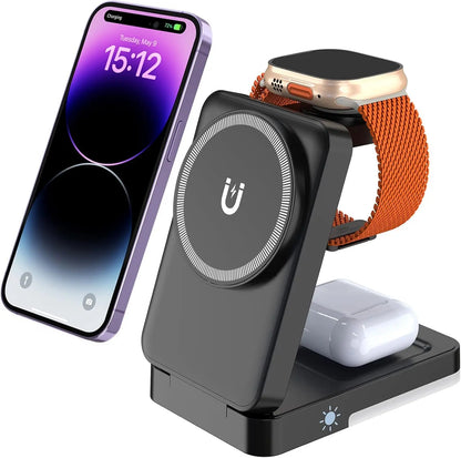 LISM 4-In-1 Travel Magnetic Charging Station for Iphone 17/17 Pro/17 Pro Max/Air/16 15 14 13 12 Pro Max plus Mini/Apple Watch/Airpods, Foldable Portable Wireless Charger Stand with Night Light-White